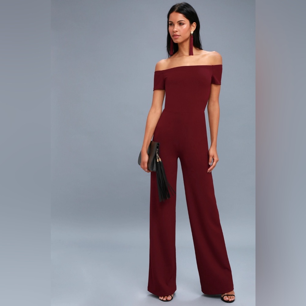 Lulus Alleyoop Burgundy Wide Leg Off the Shoulder Jumpsuit